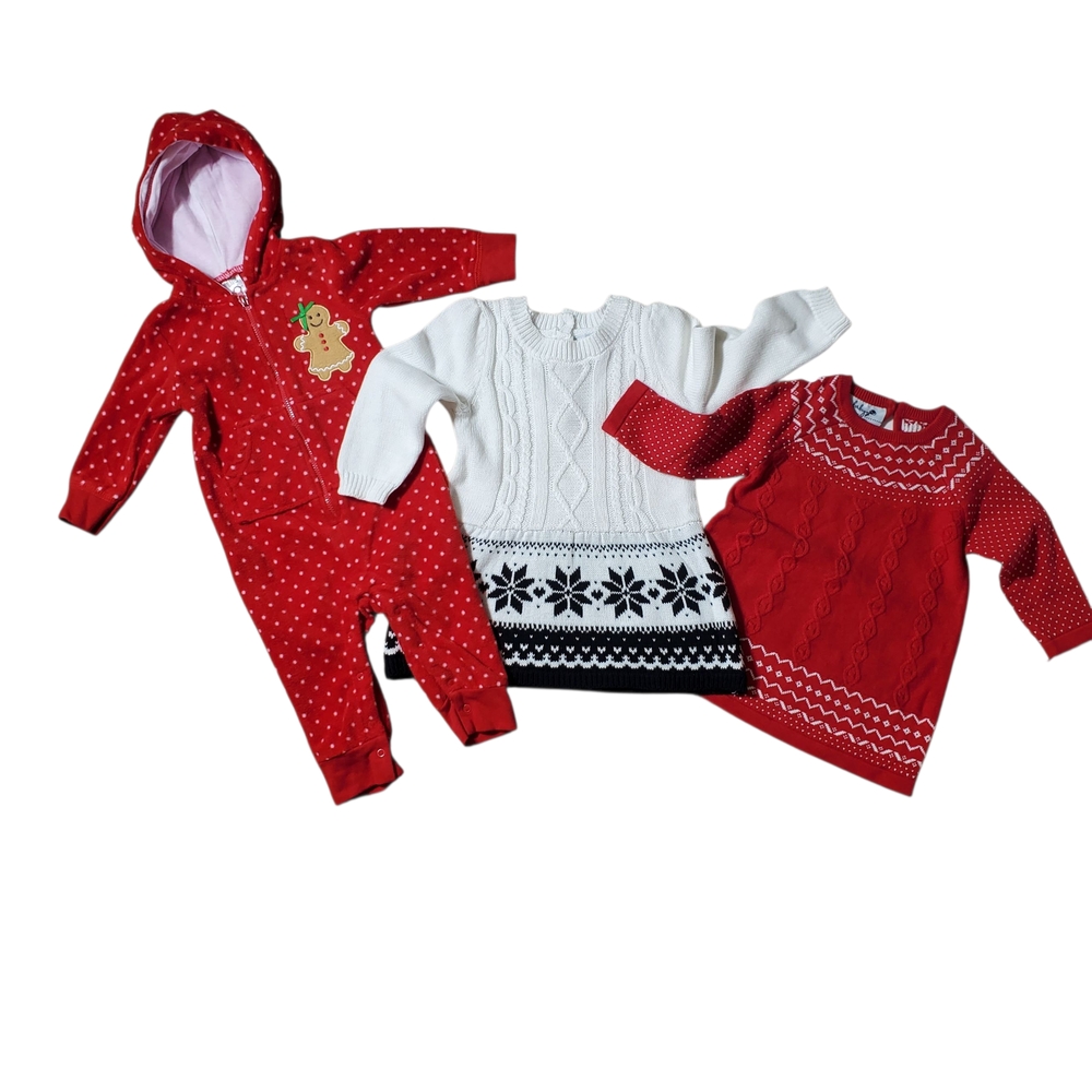 Bundle 0-6m Baby Girl Festive Red and White Casual Dress Set PJ's Warm Pictures.